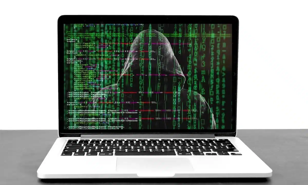 Silhouettierte Hände vor Laptop mit anonymen Profilkacheln und Visualisierung von Datenvektoren