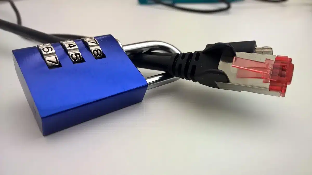 Symbolische Darstellung von Datensicherheit mit Server und Vorhängeschloss